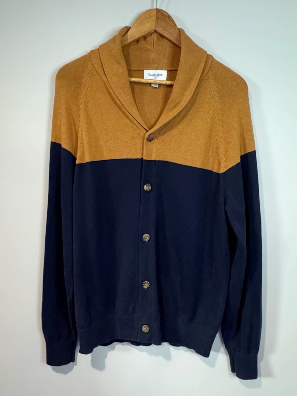 Goodfellow & Co Mens Navy Gold Colorblock Cardigan Shawl Collar Preppy Varsity M